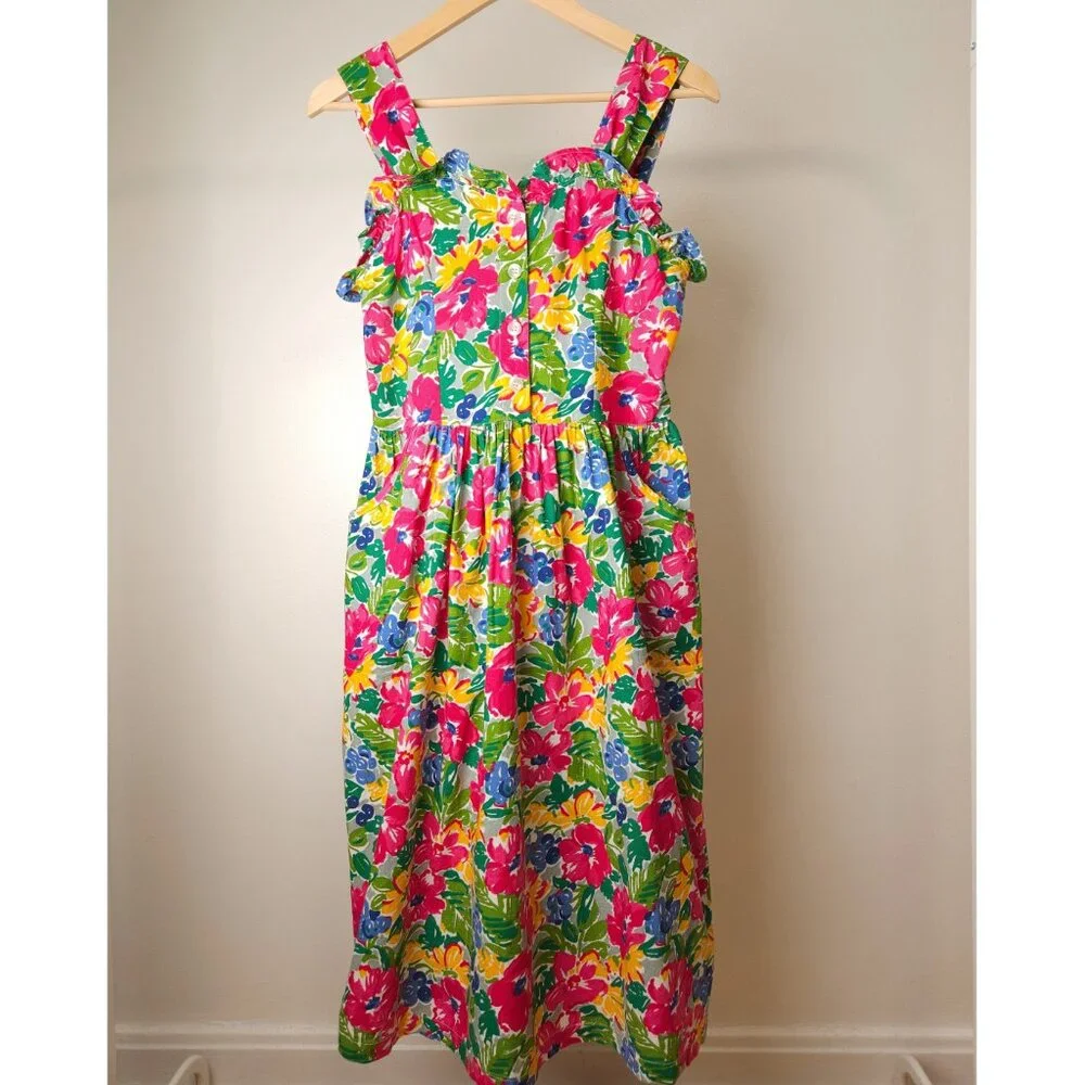 Vintage tropical cotton floral sleeveless midi dress, ruffle sweetheart neckline - Picture 5 of 13
